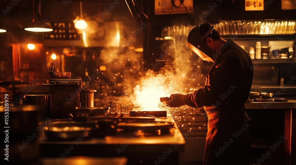 Poster an industrial worker performing welding with an arc welder, sparks flying in a dimly lit workshop, e