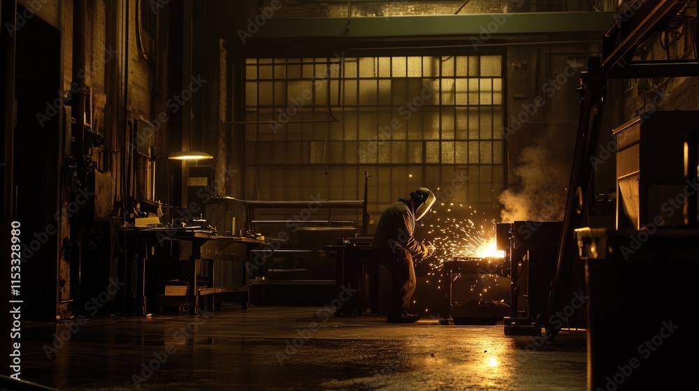 Poster an industrial worker performing welding with an arc welder, sparks flying in a dimly lit workshop, e