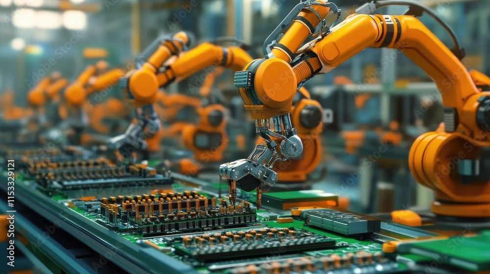 Aufkleber Automated PCB assembly line in an electronics factory, with high-precision robot arms assembling circuit boards for quality control in the production process.