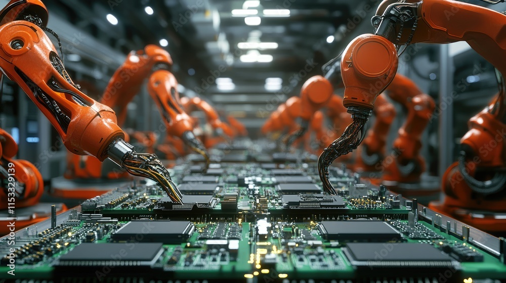 Aufkleber Automated PCB assembly line in an electronics factory, with high-precision robot arms assembling circuit boards for quality control in the production process.