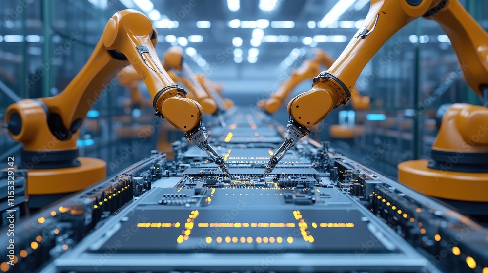 Aufkleber Automated PCB assembly line in an electronics factory, with high-precision robot arms assembling circuit boards for quality control in the production process.