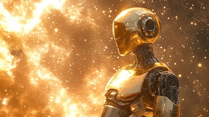 Fototapeta premium A futuristic golden robot stands against a bright, light-filled, cosmic background