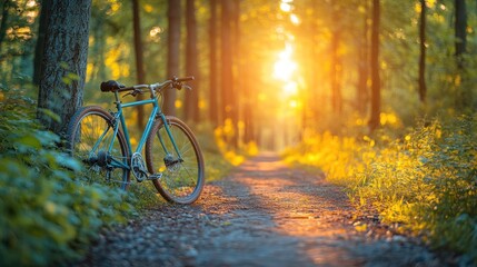 Fototapeta premium A serene forest path with a bicycle, illuminated by warm sunlight during sunset.
