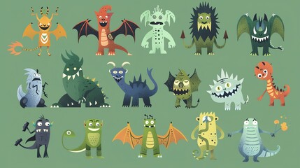 Naklejka premium A collection of cartoon monsters with various features and expressions.