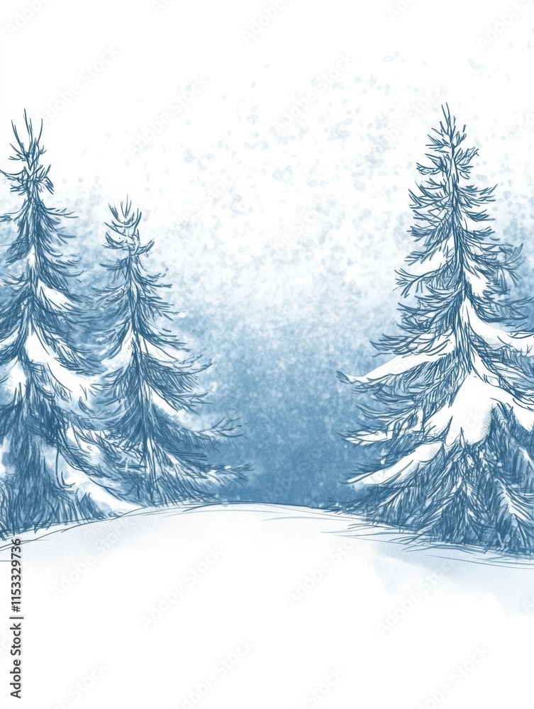 Poster winter wonderland captured in a serene doodle featuring snow covered trees and a frosty landscape. g