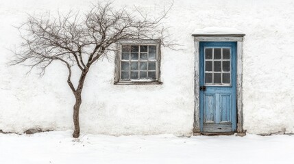 Fine art winter photograph featuring a blue door and window on a whitewashed building with a leafless tree surrounded by snow, embodying tranquility.