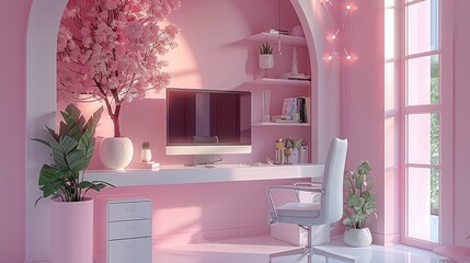 Cute pink office, modern beautiful working office, for a graphic designer.