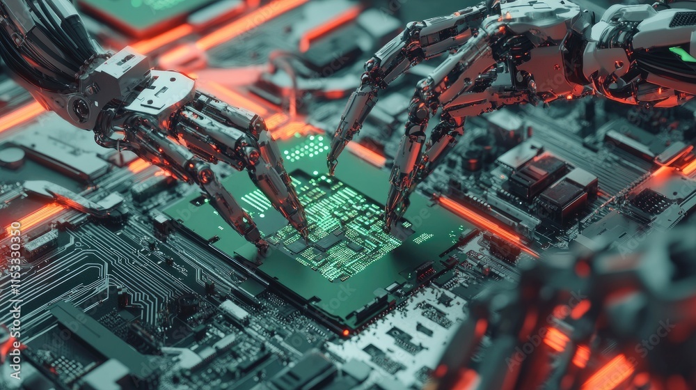 Poster High-tech robotic arms assembling circuit boards on a fully automated PCB assembly line, ensuring quality control and precision in electronic device manufacturing.