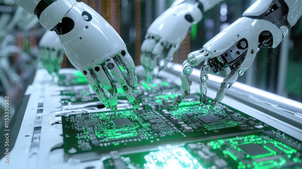 Aufkleber High-tech robotic arms assembling circuit boards on a fully automated PCB assembly line, ensuring quality control and precision in electronic device manufacturing.