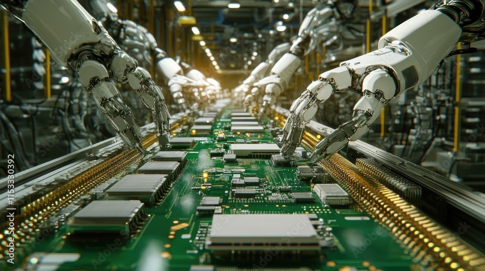 Poster High-tech robotic arms assembling circuit boards on a fully automated PCB assembly line, ensuring quality control and precision in electronic device manufacturing.