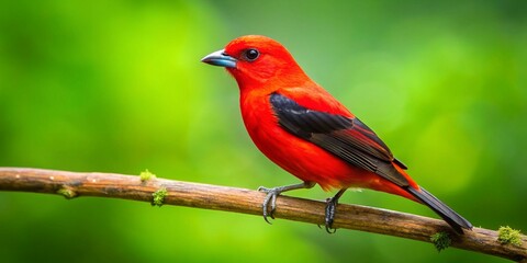 Scarlet Tanager Bird Perched on Branch, Vibrant Red and Black Plumage, Copy Space