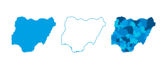 Nigeria set of three maps - solid map, outline map and map highlighting administrative divisions. Three distinct maps illustrate various representations of a geographical area.
