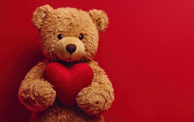 Obraz premium A cuddly teddy bear holding a red heart, for valentines day, on a bright red background