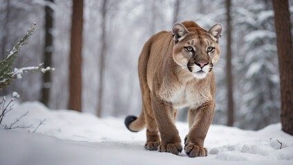 Mountain lion in forest in winter