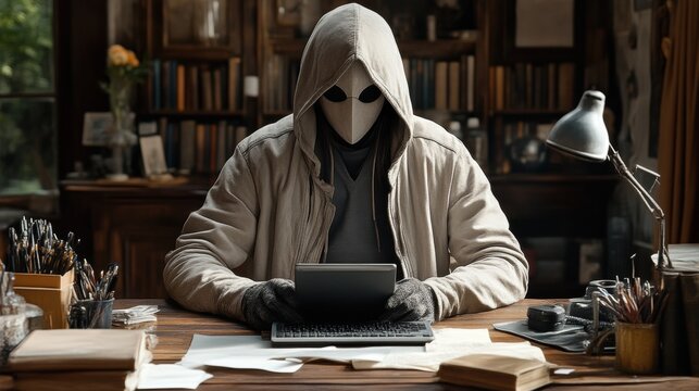 Masked figure using tablet in study.