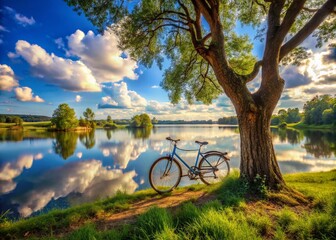 Fototapeta premium Scenic Lakeside Bicycle: Peaceful Summer Day by Calm Water Reflection