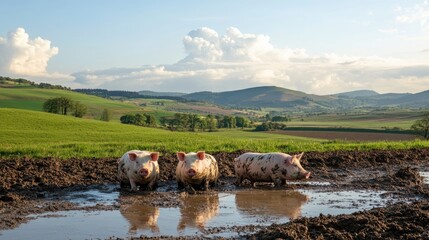 Pigs enjoying a mud bath on a picturesque pig farm, surrounded by rolling hills and the calm countryside landscape.