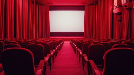 Fototapeta premium Red cinema seats facing a blank white screen, with deep red curtains framing the scene, creating a classic movie theater atmosphere.