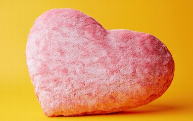 Fototapeta premium A decorative pink pillow in the shape of a heart, for valentines day, on a vibrant yellow background