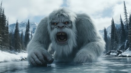 Angry yeti in snowy mountains.