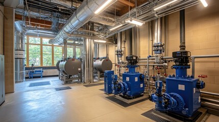 Fototapeta premium The interior of a large industrial boiler room with stainless steel pipes, valves, and blue pumps, representing a water treatment facility.