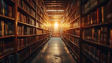 Fototapeta premium Sunlit aisle in a large library filled with bookshelves.