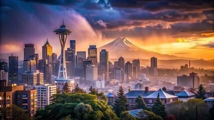 Fototapeta premium Seattle Skyline & Mount Rainier on a Rainy Day: Dramatic Documentary Photograph