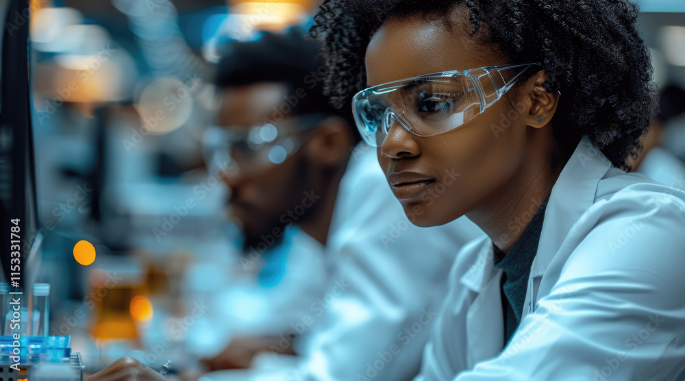 Aufkleber black women and men computer scientists in computer lab.