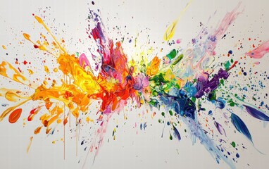 Obraz premium A dramatic burst of multicolored paint droplets colliding mid-air, radiating vivid energy on white
