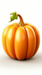 Obraz premium Single ripe orange pumpkin with green stem and leaf isolated on white background.
