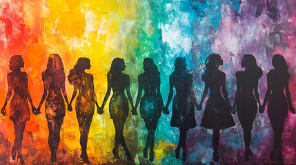 Women's day A painting of a group of women holding hands in a rainbow. The painting is colorful and vibrant, with each woman's hand holding another woman's hand.