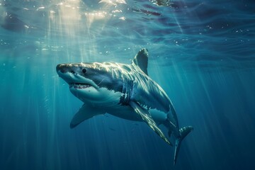 Fototapeta premium Great white shark swimming in blue ocean water, sunbeams penetrating the surface