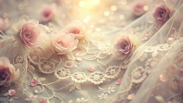 Delicate floral patterns dance across a soft, ethereal vintage swirly lace background, evoking feelings of romance and whimsy, swirly pattern, soft focus