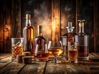 Selection of Fine Spirits: Alcohol Bottles and Glasses on Wooden Table with Copy Space