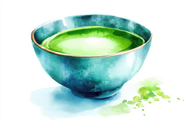 Vibrant green matcha tea in watercolor bowl, artistic and refreshing isolated design on white background