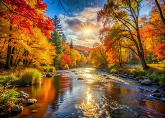 Obraz premium Serene Autumn River Landscape: Golden Leaves and Calm Water