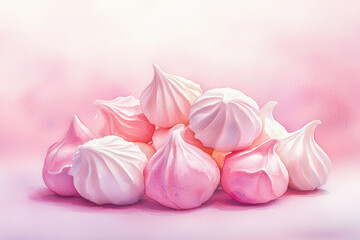 Delicate pastel meringue cookies in watercolor art style isolated design on white background