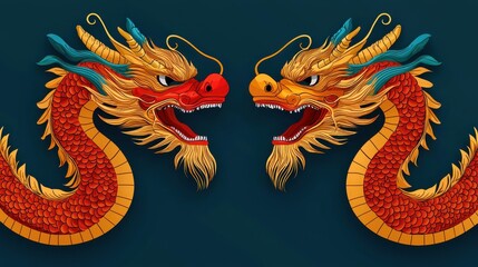 Two ornate dragon heads face each other, showcasing vibrant colors and intricate detailing against a dark background.