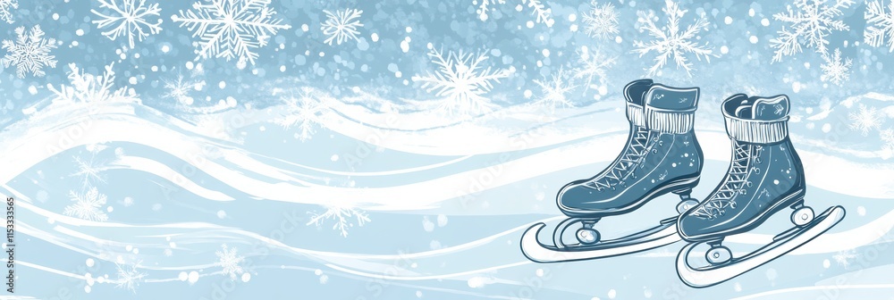 Poster winter themed doodle featuring ice skates on a snowy background with delicate snowflakes and a seren