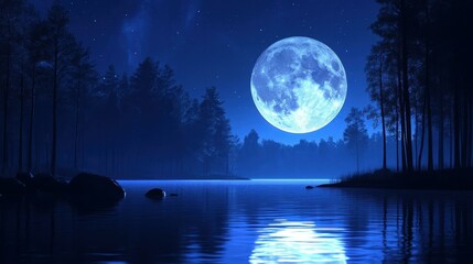 Naklejka premium Moon Reflection. Blue full moon reflection lake forest night calm natu