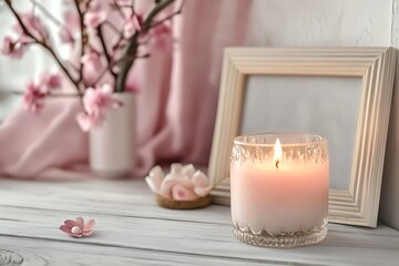 Burning candle and pink flowers on a wooden table with bokeh background