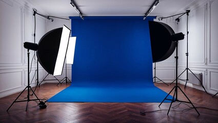 Professional studio with white backdrop, camera on tripod, flash with softbox on stand, and reflector for controlled lighting
