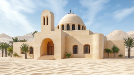 Desert mosque under a blue sky.