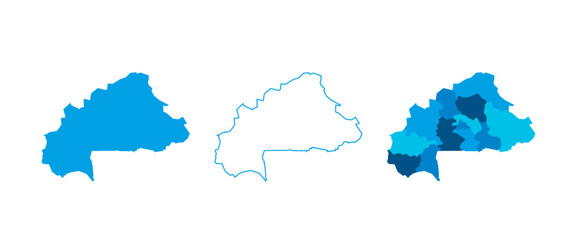 Burkina Faso set of three maps - solid map, outline map and map highlighting administrative divisions. Three distinct maps illustrate various representations of a geographical area.
