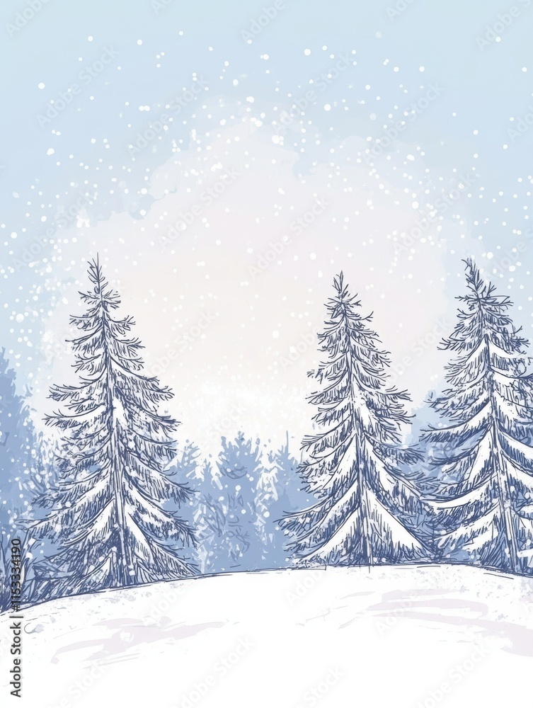Aufkleber winter landscape with snowy trees and gentle snowfall in a serene atmosphere during a chilly afterno