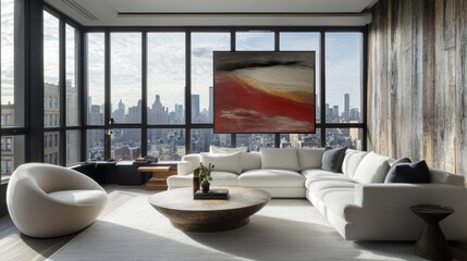 Modern Living Room with City View and Abstract Art