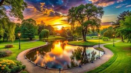 Serene Evening Park Panorama: Golden Hour Landscape Photography
