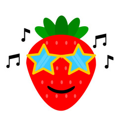 Cute strawberry cartoon style face with yellow star shape trendy glasses illustration. Vector illustration fruit strawberry with a smiling expression in summer sunglass. Fruit summer clip art mascot