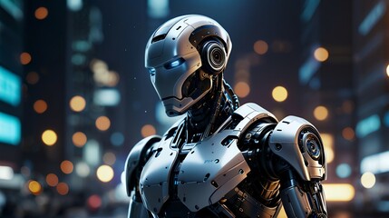 Modern robot with sleek design, set against a digital background featuring interactive elements.