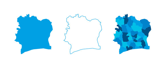 Ivory Coast set of three maps - solid map, outline map and map highlighting administrative divisions. Three distinct maps illustrate various representations of a geographical area.